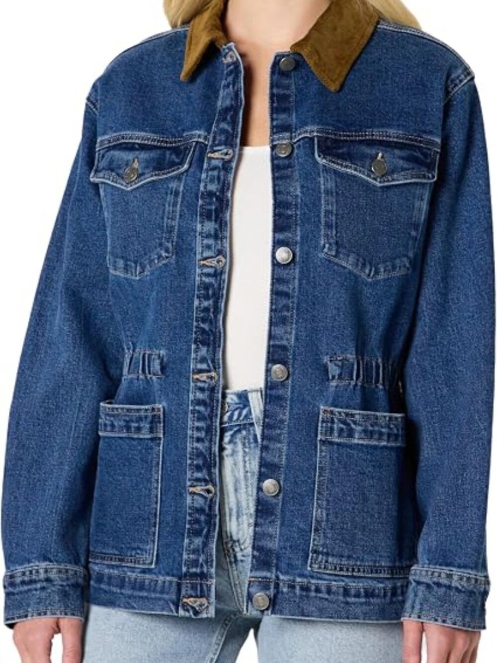Amazon Essentials Blue Denim Barn Jacket Corduroy Collar Cinched Waist Small
